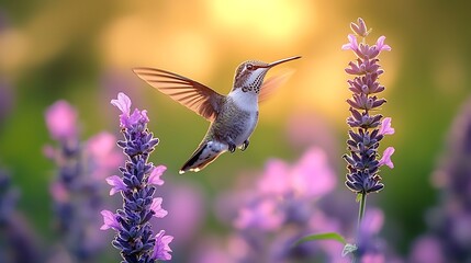 Hummingbird hovering near lavender flowers at sunset; nature background, ideal for greeting cards.