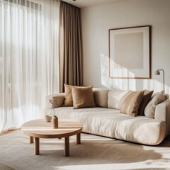 A living room with a white couch and a coffee table