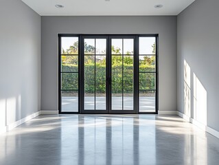 Obraz premium A large room with a black door and windows