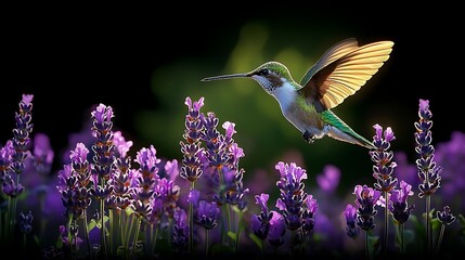 Fototapeta premium Hummingbird hovering over lavender, garden background, nature photography, for websites.