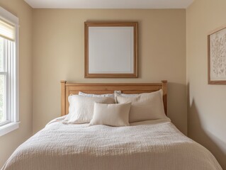 A bed with a white comforter and pillows