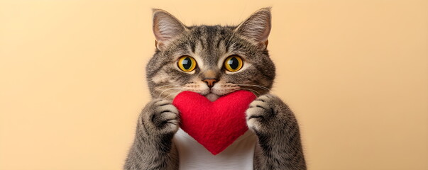A striped brown cat in a white T-shirt holds a red fabric heart on a soft yellow background. Valentine's Day, for a greeting card or banner with space for text. Romantic gift, celebrating February 14.