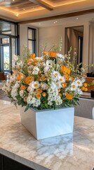 Luxurious floral arrangement in modern lobby.