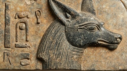 Egyptian carved stone amulet of Anubis, weathered with time, chipped details 