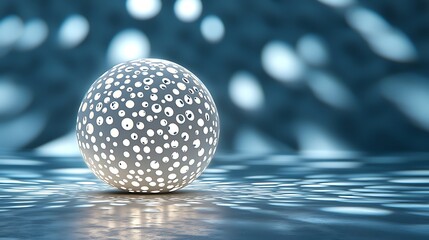 Illuminated sphere on reflective surface, bokeh background; design concept.