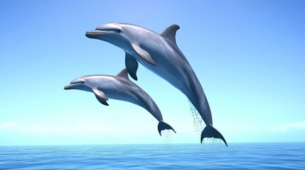 Two dolphins leaping out of the ocean against a clear blue sky.