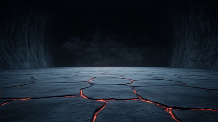 Desolate cracked earth floor with molten lava glowing in dark cave atmosphere symbolizing otherworldly landscapes and volcanic activity