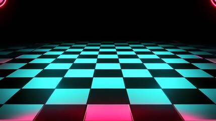Neon Lit Checkered Floor Abstract Design