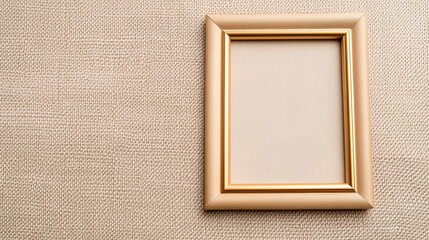 Fototapeta premium Elegant empty golden photo frame positioned against a textured beige background, ideal for showcasing precious memories and artistic displays