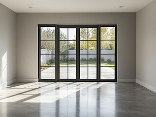 Obraz premium A large room with a black door and windows