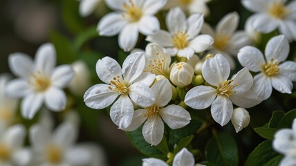 Fototapeta premium Close-up of delicate white flowers with yellow centers, glistening with water droplets.