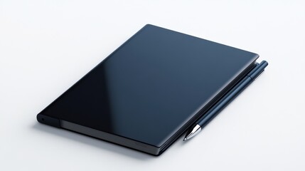 A sleek notebook and pen set on a minimalist surface.