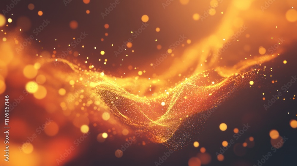 Poster abstract golden wave with glowing particles floating in a mystical atmosphere, creating an enchantin