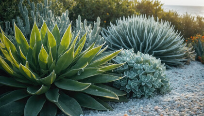 Obraz premium Vibrant succulent garden thriving under sunlight by the coast with varied textures and colors