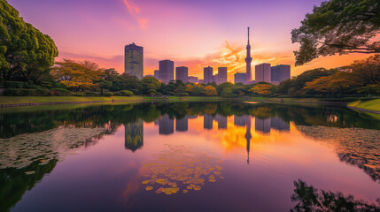 Scenic Tokyo Park at Twilight with Serene Water Ponds Reflecting a Vibrant Orange and Purple Sky, Ginkgo Trees, Traditional Pagodas, and Futuristic Skyscrapers