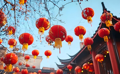 Obraz premium Chinese snake year celebration with lanterns decoration in street