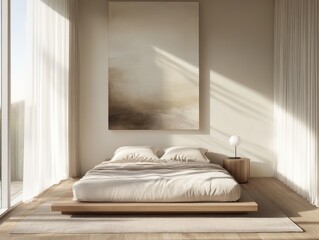 A white bed with a white pillow and a white blanket