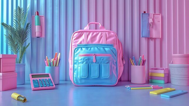 Pink & blue backpack with school supplies.