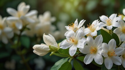 Close-up of beautiful white flowers blooming in a garden, showcasing delicate petals and vibrant yellow centers. Lush greenery surrounds the blossoms, bathed in soft sunlight.