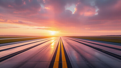 Obraz premium Dramatic View of Airport Runway with Beautiful Sunset and Orange Sky