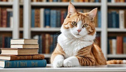 Orange tabby cat rests among books in a cozy library setting during daylight hours