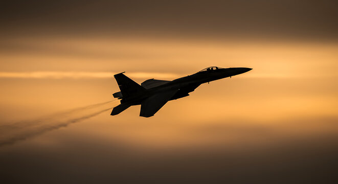 F-15 Eagle Silhouette at Sunset, Dramatic Military Jet Flight