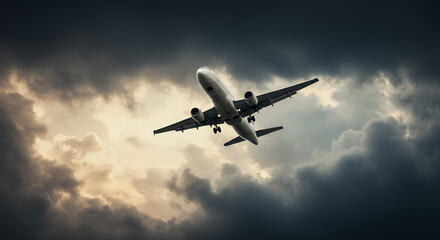 Obraz premium Airplane Flying Through Dramatic Storm Clouds During Sunset