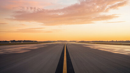 Fototapeta premium Dramatic View of Airport Runway with Beautiful Sunset and Orange Sky