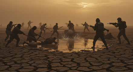 Desolate Battlefield: Silhouetted Soldiers in Post-Apocalyptic Combat