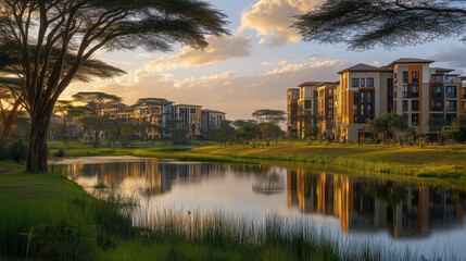 Fototapeta premium Serene African Park at Dusk with Golden Light Filtering Through Acacia Trees, Calm Water Pond Reflection, and Contemporary Apartments in the Distance