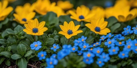 Obraz premium Vibrant yellow and blue flowers bloom in a garden. Use Spring garden background.
