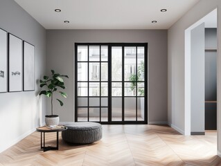 Fototapeta premium A room with a black door and a window