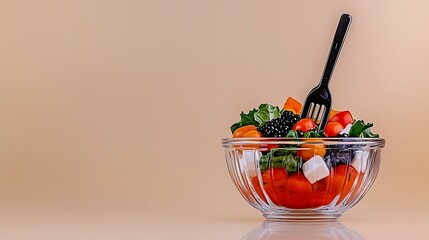 A man whisking a salad dressing in a glass bowl, isolated on a natural beige background