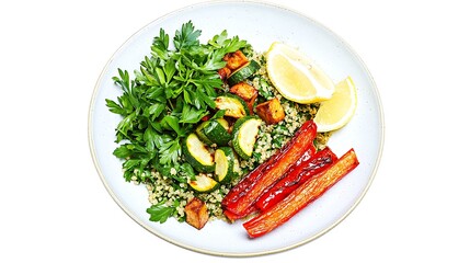 A plate of quinoa salad with roasted vegetables, parsley, and lemon wedges, isolated on a white background