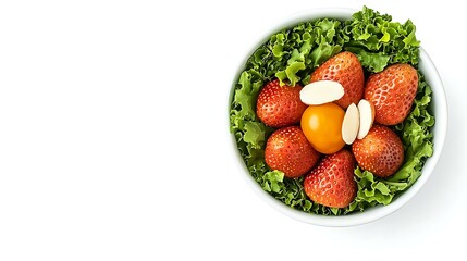 A salad bowl featuring mixed greens, sliced strawberries, and slivered almonds, isolated on a white background