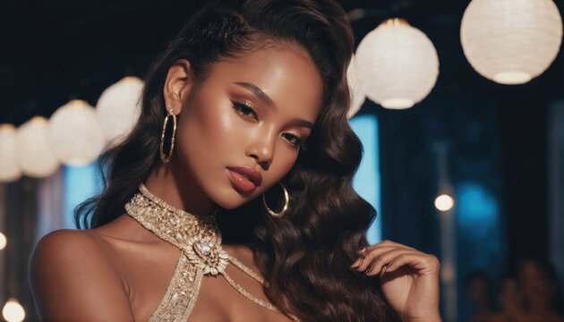 Glamorous model poses confidently under soft lighting at an upscale event in a stylish setting