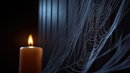 Naklejka premium A candle illuminates a spider web against a dark background.