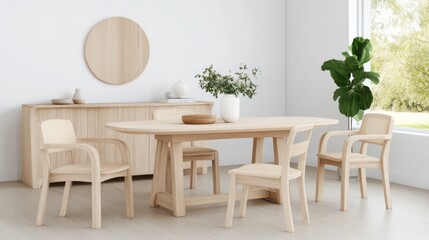 Fototapeta premium Modern dining room with wooden furniture and plants.