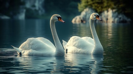 Fototapeta premium Two swans on a serene lake at dawn