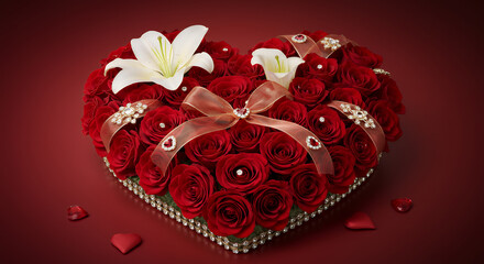 Heart-Shaped Red Rose Bouquet with White Lilies and Rhinestones for Valentine's Day