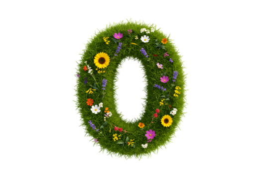 realistic number 0 made of grass and flowers png, on transparent background. Suitable for nature or eco-friendly themes