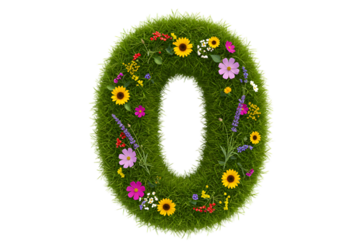 realistic number 0 made of grass and flowers png, on transparent background. Suitable for nature or eco-friendly themes