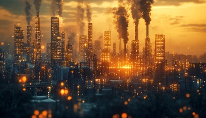 Fototapeta premium Industrial skyline at sunset, showcasing smokestacks and glowing lights.