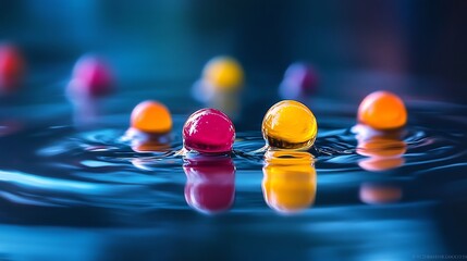 Naklejka premium Vibrant Spheres Dancing on Water: A Symphony of Color and Reflection