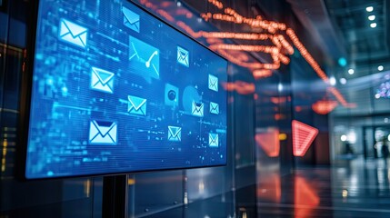 Digital emails displayed on screen in modern office building lobby.  Use Stock photo for technology and communication.