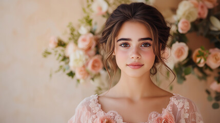 young woman with strong femininity, surrounded by soft floral arrangements, exudes grace and beauty. Her delicate features and gentle expression create captivating portrait.