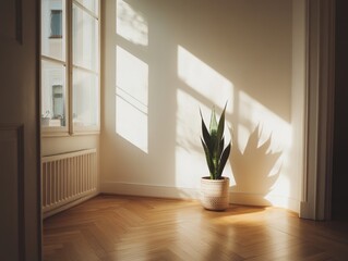 Fototapeta premium A plant is sitting in a basket on a wooden floor