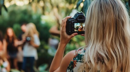 Woman photographer taking photos of group of people in a park.