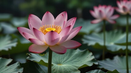 Fototapeta premium Close-up of a beautiful pink lotus flower in a pond, surrounded by lush green leaves.
