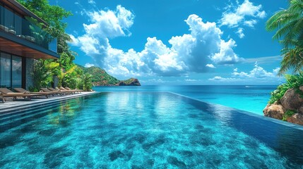 Fototapeta premium A serene infinity pool overlooking a vibrant ocean and lush greenery under a bright sky.